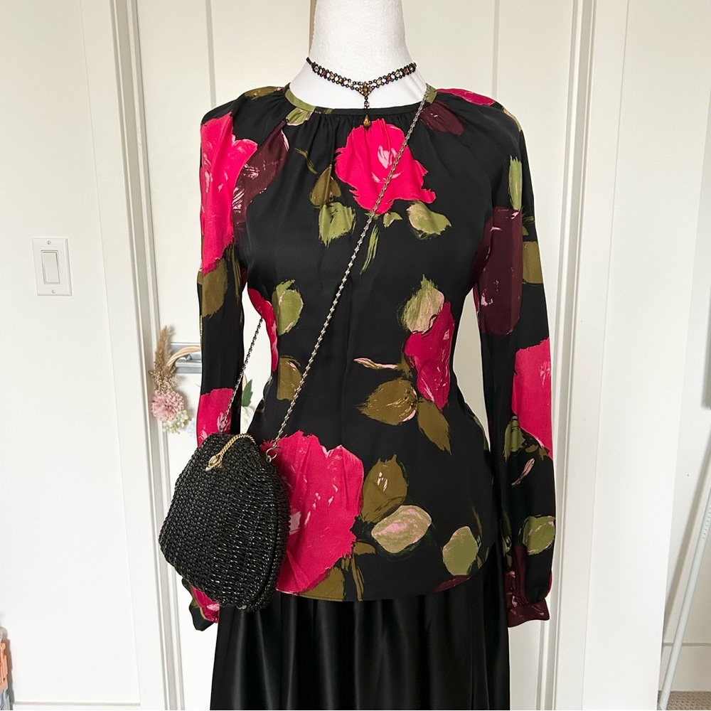 Kate Spade BNWT Floral Black Blouse with Pink and Green Accents